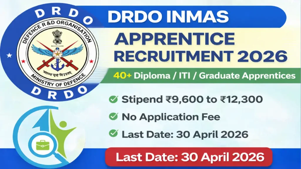 DRDO INMAS Apprentice Recruitment 2026 banner for Diploma ITI Graduate 40 plus posts apply online