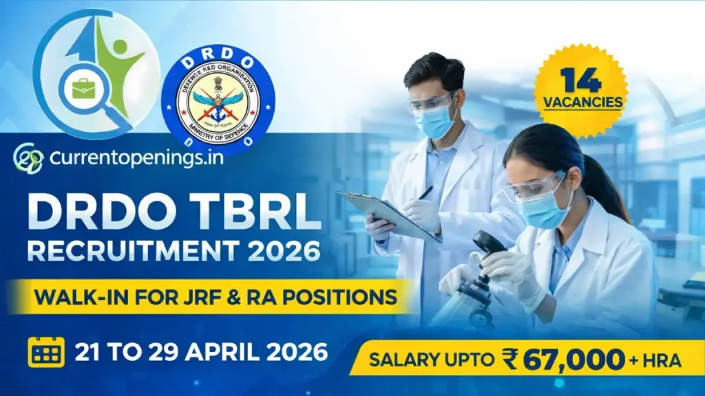 DRDO TBRL Recruitment 2026 banner showing JRF and RA walk-in interview details with 14 vacancies and salary up to 67000