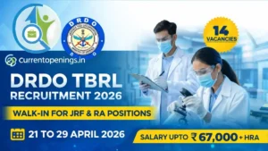 DRDO TBRL Recruitment 2026 banner showing JRF and RA walk-in interview details with 14 vacancies and salary up to 67000
