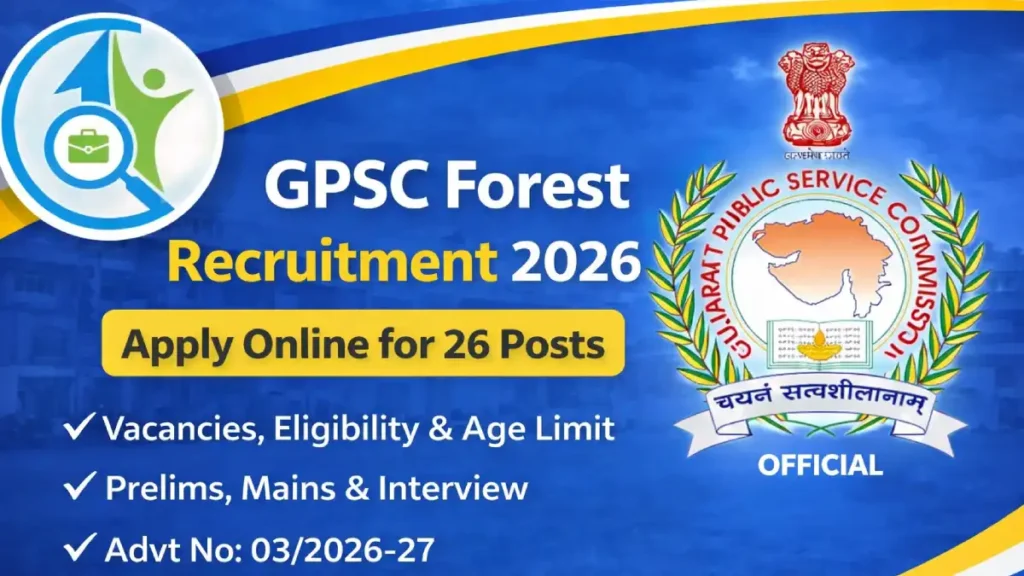 GPSC Forest Recruitment 2026 banner showing ACF and Range Forest Officer 26 vacancies apply online details