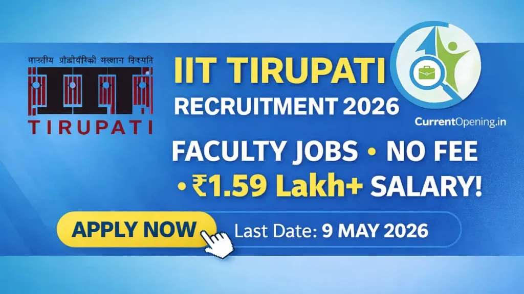 IIT Tirupati Recruitment 2026 banner showing faculty jobs, no application fee, salary ₹1.59 lakh and apply online last date 9 May 2026