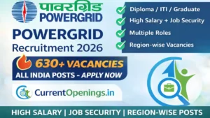 POWERGRID Recruitment 2026 banner with 630 plus vacancies for Diploma ITI Graduate posts apply online