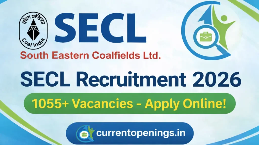 SECL Recruitment 2026 banner with 1055 vacancies apply online South Eastern Coalfields Limited jobs