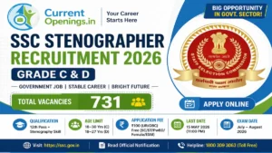SSC Stenographer Recruitment 2026 banner showing 731 vacancies for Grade C and D posts with eligibility, age limit and last date details