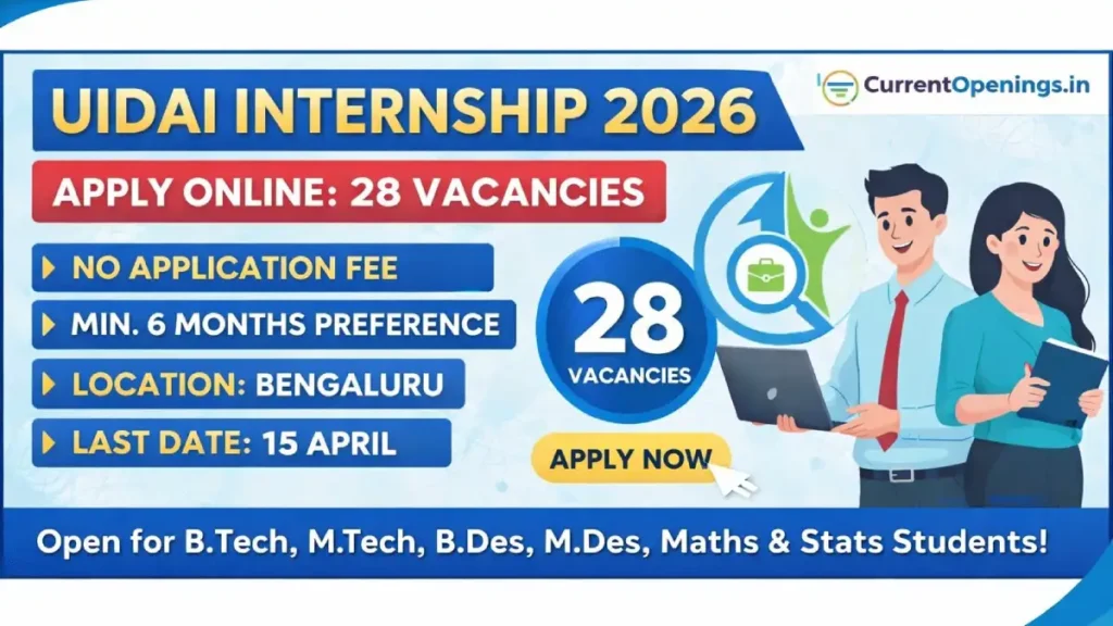 UIDAI Internship 2026 banner showing 28 vacancies apply online no application fee Bengaluru internship