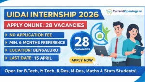 UIDAI Internship 2026 banner showing 28 vacancies apply online no application fee Bengaluru internship