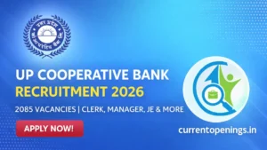 UP Cooperative Bank Recruitment 2026 banner with 2085 vacancies for Clerk, Manager, JE posts apply online