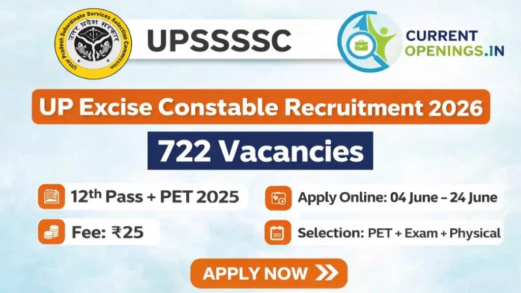 UPSSSC Excise Constable Recruitment 2026 banner showing 722 vacancies apply online details