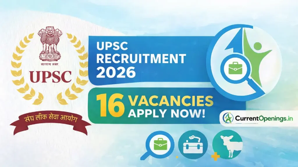 UPSC Recruitment 2026 banner showing 16 vacancies for Assistant Keeper, Senior Store Officer and Livestock Officer posts with CurrentOpenings logo
