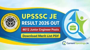 UPSSSC JE Result 2026 banner showing 4612 Junior Engineer Civil posts and merit list PDF download