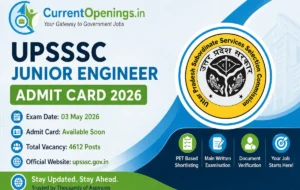 UPSSSC Junior Engineer Admit Card 2026 banner with CurrentOpenings.in logo, exam date, vacancy details and official UPSSSC logo