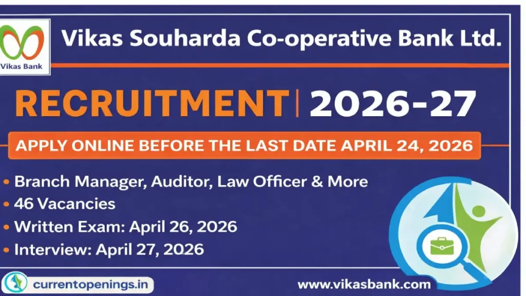 Vikas Souharda Co-operative Bank Recruitment 2026 banner with 46 vacancies, apply online before 24 April, exam and interview dates
