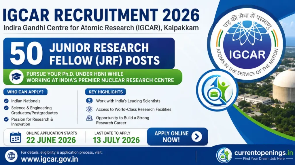 IGCAR Recruitment 2026 notification banner for 50 JRF posts