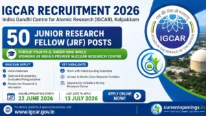 IGCAR Recruitment 2026 notification banner for 50 JRF posts
