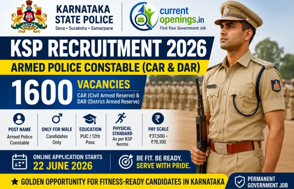 KSP Armed Police Constable Recruitment 2026 notification for 1600 CAR DAR posts in Karnataka