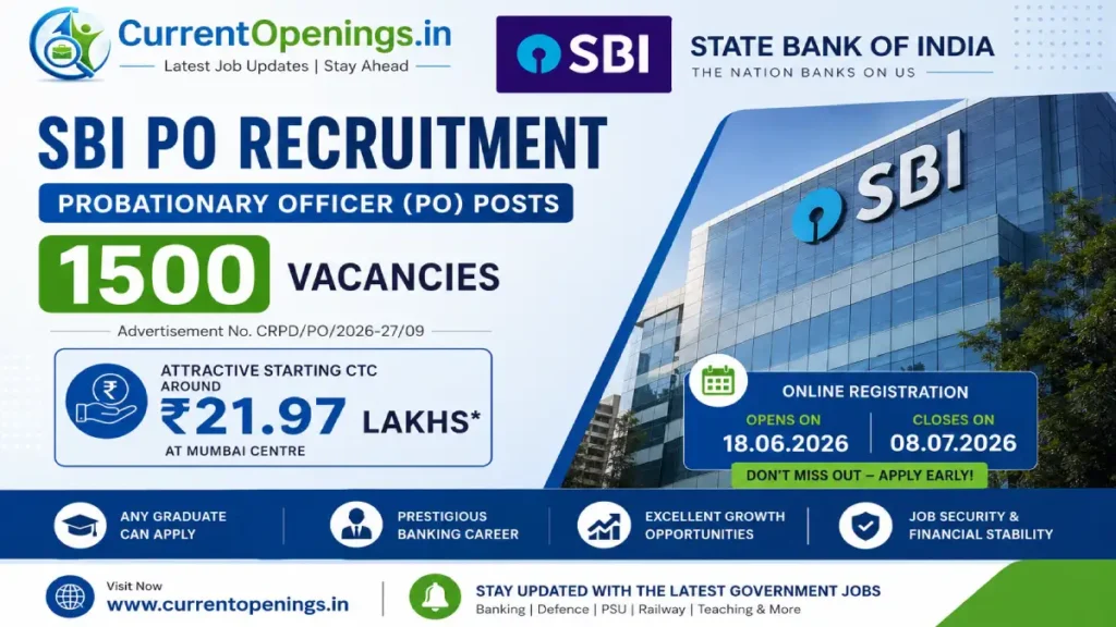 SBI PO Recruitment 2026 1500 vacancies notification banner